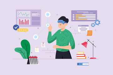 Metaverse violet background concept with people scene in the flat cartoon style. Boy entered the metaverse with the help of gadgets and innovative technologies.  illustration.