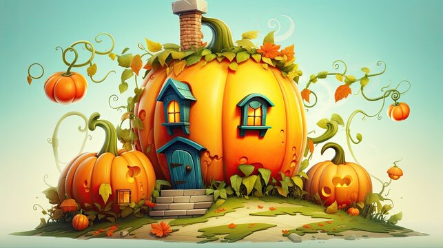 house with a pumpkin, leaves and other pumpkins