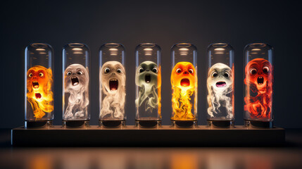 Bottles with monsters with different emotions. Emotional intelligence as part of well-being - obrazy, fototapety, plakaty