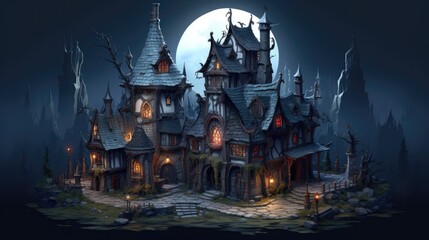 isometric game small town hall, halloween gothic architecture