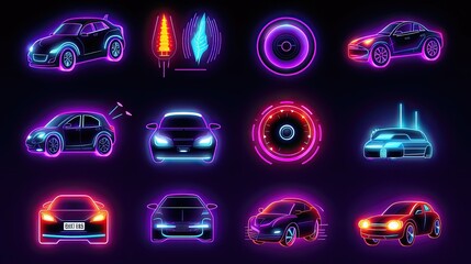 neon futuristic icons of intelligent cars - obrazy, fototapety, plakaty