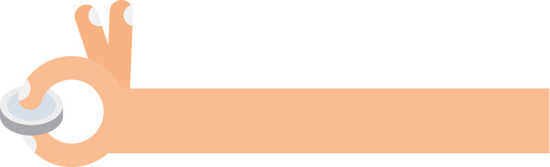 Long human hand of man carefully holding silver coin in fingers. Gesture of repays bank debts male person with rubber outstretched arm. Simple flat vector isolated on white background