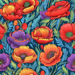 Vibrant poppy flowers in a repeating  seamless pattern, AI Generated