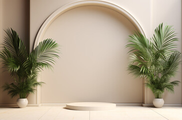 3d arches and two palm leaves on the pot background for display products with podium on beige wall. 3d minimal podium and scene.  copy space