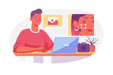 Asian concept Photo studio with people scene in the flat cartoon style. Photographer edits client's photo in his studio.  illustration.