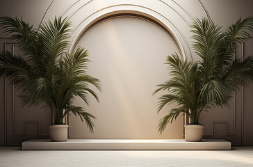 3d arches and two palm leaves on the pot background for display products with podium on beige wall. 3d minimal podium and scene. copy space