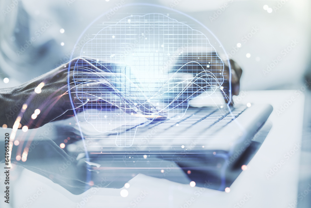 Aufkleber double exposure of creative artificial intelligence symbol with hands typing on laptop on background