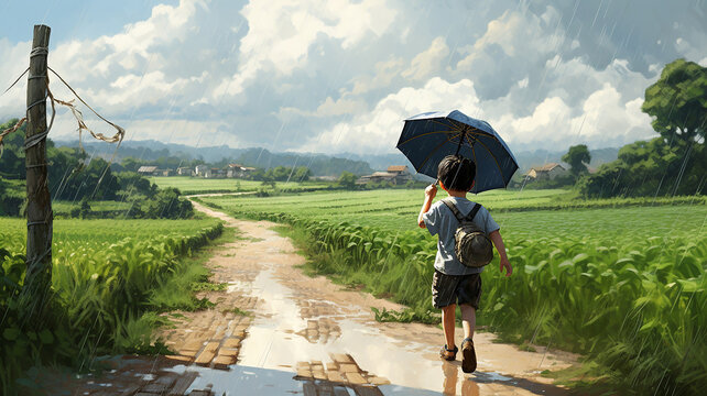 Cute boy holding umbrella walking on rural road on rainy day.