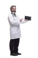 man is a doctor pointing at the screen of a digital tablet.