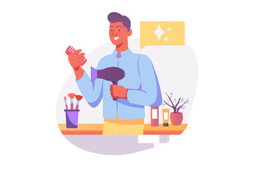 Beauty salon Asian concept with people scene in the flat cartoon style. Stylist prepares his tools and waits for the next client in the beauty salon.  illustration.