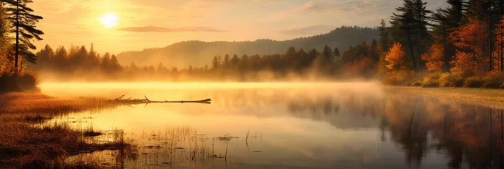 Fototapeten Beautiful autumn forest scene . Colorful morning view on foggy lake and mountains at sunrise time. Beauty of nature concept background. © Andrii IURLOV