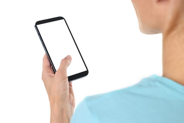 Woman using smartphone with blank screen on white background, closeup. Mockup for design