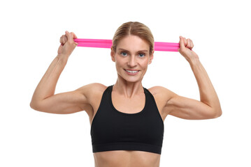 Woman exercising with elastic resistance band on white background