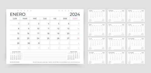 Spanish calendar for 2024. Calender template. Planner layout with 12 month. Week starts Monday. Desk schedule grid. Spain organizer for year. horizontal diary with pages. Vector simple illustration
