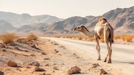 Camel crossing the desert road on sunset with arid drought countryside