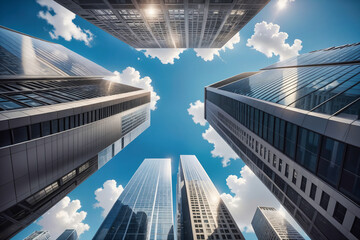 Low angle view of skyscrapers and blue sky with clouds.