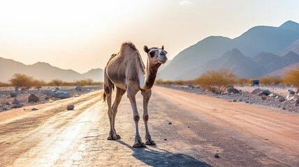 Camel crossing the desert road on sunset with arid drought countryside