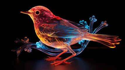 a small bird on a black background, glass transparent sculpture isolated on a black background, luminous luminescent colors