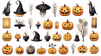 collection of halloween decoration objects isolated on the background