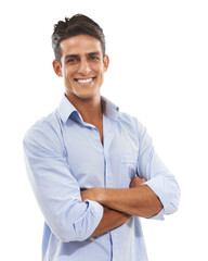 Portrait, smile and man with arms crossed, career and employee isolated on a transparent...