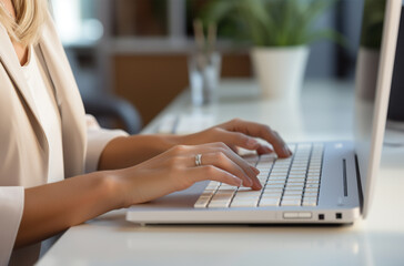 Close up of businesswoman hands typing on laptop keyboard at desk in office