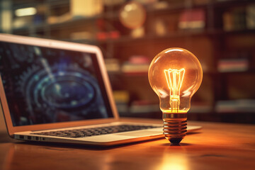 Glowing light bulb on laptop computer, working with creativity and brainstorming idea concept background. - obrazy, fototapety, plakaty