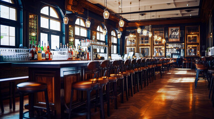 Defocused Interior of a pub with tables and chairs in a row. Selective focus. 
