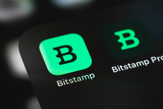 Bitstamp mobile icons apps logo on a screen smartphone. Bitstamp is a European cryptocurrency exchange. Batumi, Georgia - August 17, 2023