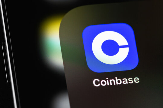 Coinbase mobile icon app on a screen smartphone closeup. Coinbase is a digital currency exchange. Batumi, Georgia - August 17, 2023