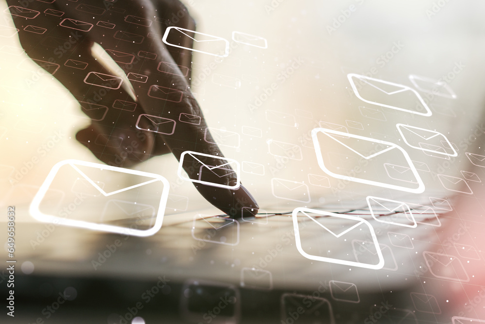 Poster creative abstract postal envelopes sketch with hands typing on computer keyboard on background, e-ma