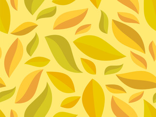 Autumn seamless pattern with leaves in a minimalist style. Autumn leaves in yellow and green shades. Leaf fall. Design for printing on fabric, paper, posters and banners. Vector illustration