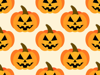 Halloween pumpkins seamless pattern. Halloween carved pumpkin face. Happy Halloween October 31st, trick or treat. Jack-o-lantern. Design for print, posters and banners. Vector illustration