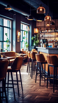 Defocused Interior of a modern bar with tables and chairs. Toned image. Selective focus.