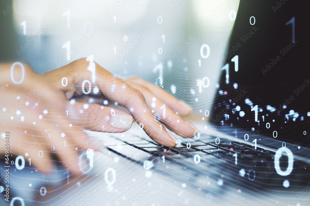 Fototapete creative concept of binary code illustration and hands typing on laptop on background. big data and 