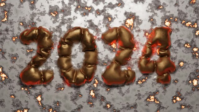 New Year 3d animation of the date of the new year 2024. The metal surface is corroded, on which a golden text appears, swells, the date of the new year 2024.