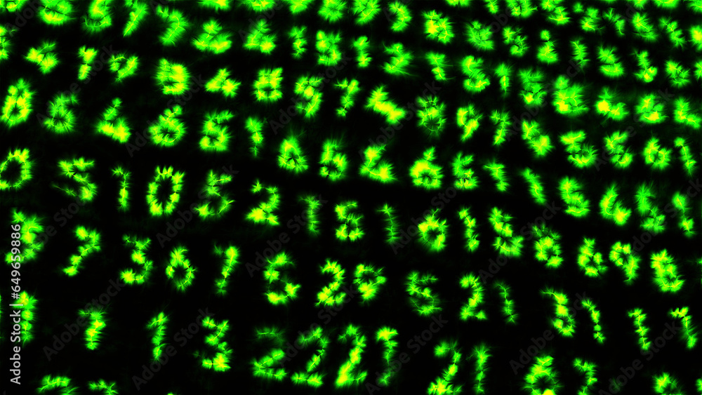 Poster green and blue numbers with backlight in animation. motion. a black background on which a long code 