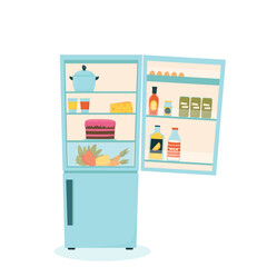 Open refrigerator with food. Kitchen appliances. Isolated cartoon vector illustration.