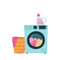 Washing machine and laundry basket. Cartoon vector illustration.