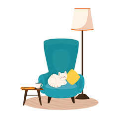 A cozy chair with a sleeping cat and a floor lamp nearby. Living room concept. Isolated cartoon vector illustration.