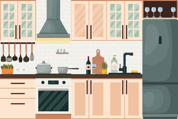 Kitchen interior with furniture. Cartoon vector illustration.