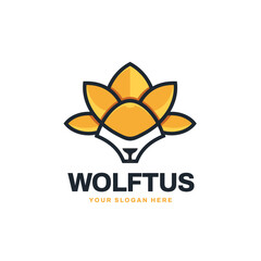 Wolf head lotus outline line art logo vector icon illustration