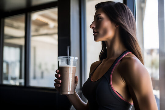 Young fit woman in sport top is drinking chocolate protein shake after workout in fitness center