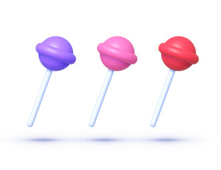 Realistic sweet lollipop set 3d. Round multicolored candies on stick in cartoon style. Vector illustration design
