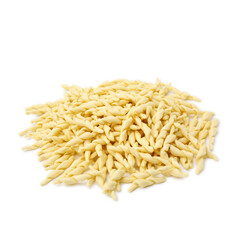 Pile of uncooked trofie pasta isolated on white