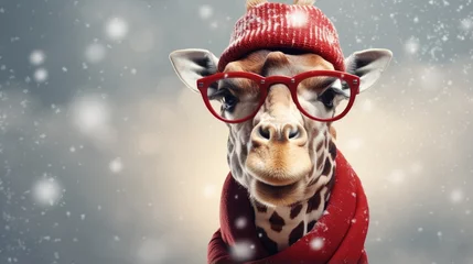 Fotobehang Cute giraffe in glasses wearing scarf and knitted hat. Portrait of funny animal on outdoor winter background, close up with copy-space. © DenisNata