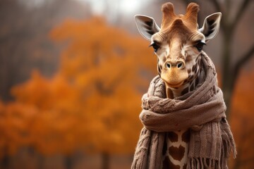 Cute giraffe wearing knitted scarf on neck. Portrait of funny animal on outdoor autumn background, close up with copy-space.