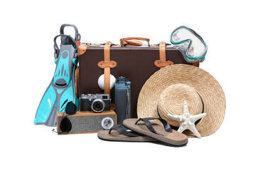 Suitcase, portable bluetooth speaker, vintage camera and different beach accessories isolated on...