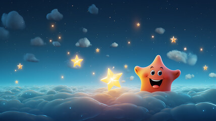 Obraz na płótnie Canvas funny cartoon golden star with a smile and eyes on the background of the night sky illustration for children good night baby