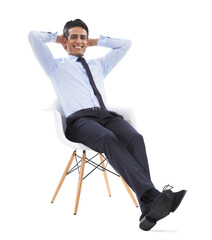 Portrait, smile and a chair to relax with a businessman isolated on a transparent background for...