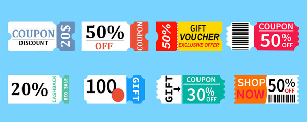 Coupon of discounts and offers for promotion of sales in stores, a collection of coupons of various shapes and types. Vector isolated elements.